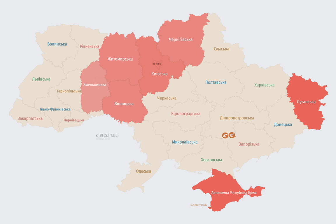 Мапа повітряних тривог в Україні сьогодні, 16 грудня