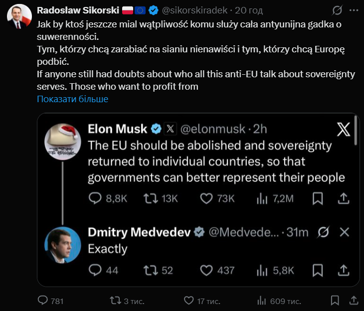 Сікорський відповів Маску на заклики ліквідувати ЄС