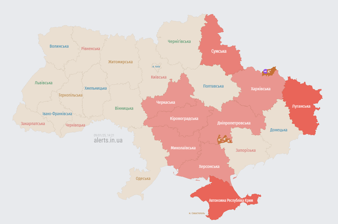 Карта повітряних тривог 9 січня