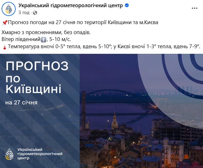 Прогноз погоди в Києві 27 січня