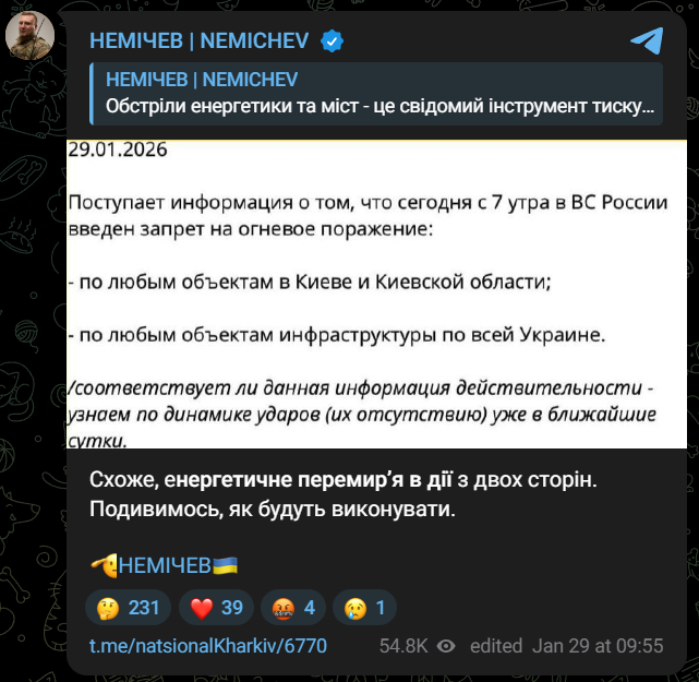 Немічев прокоментував енергетичне перемир'я