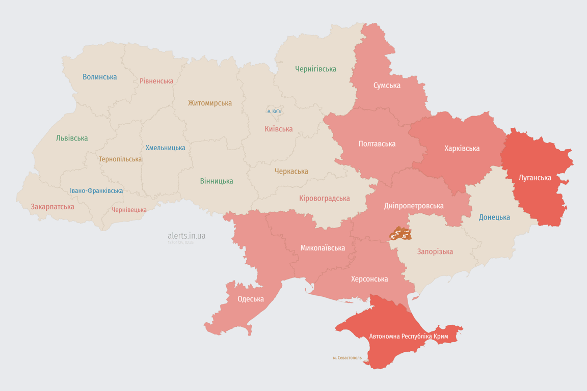Мапа повітряної тривоги в Україні сьогодні, 18 квітня