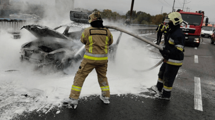 У Києві на Північному мосту на ходу спалахнула автівка — відео - 285x160