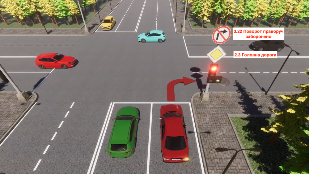 Тест з ПДР: чи дозволений водію червоного авто поворот праворуч