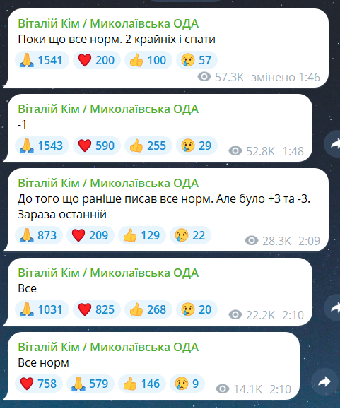 Скриншот сообщения из телеграмм-канала руководителя Николаевской ОВА Виталия Кима