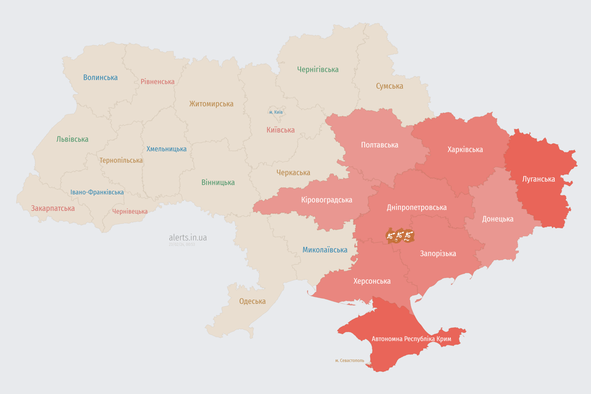 Карта воздушной тревоги в Украине 23 февраля