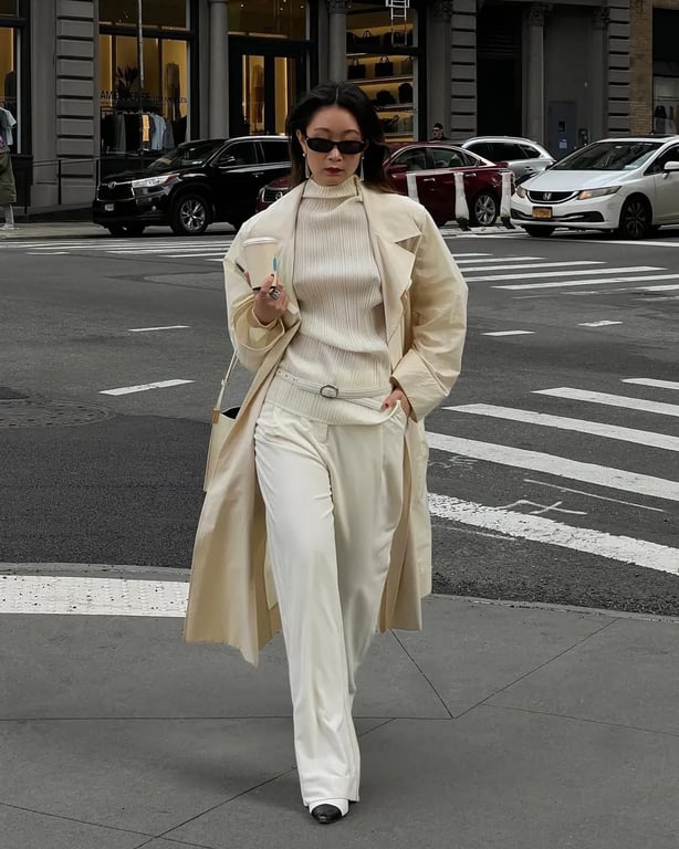 Long Coat + Textured Top + Fluid Trousers