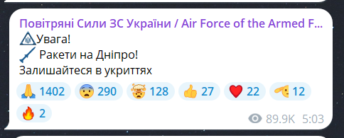 Скриншот повідомлення з телеграм-каналу "Повітряні сили ЗС України"