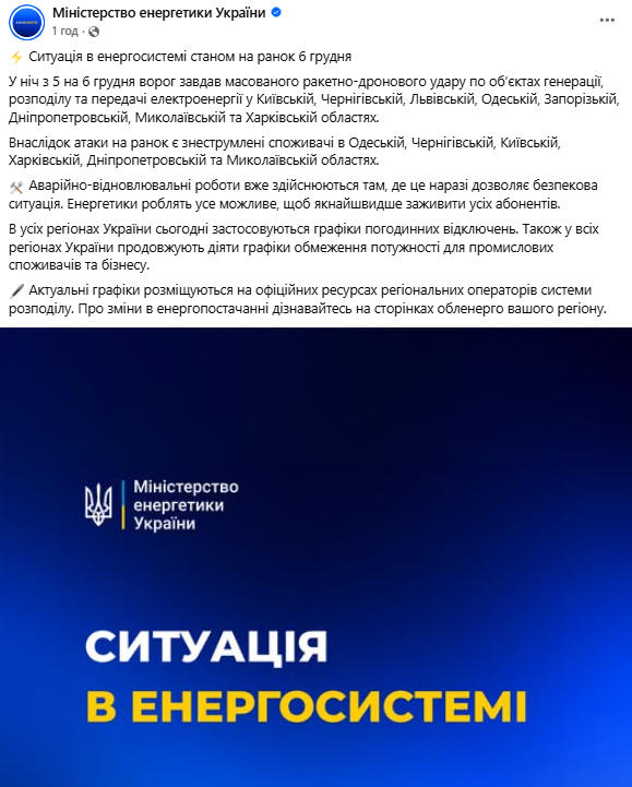 Ситуація в енергетиці 6 грудня