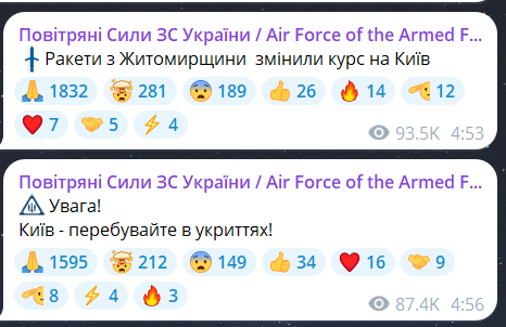 Скриншот повідомлення з телеграм-каналу "Повітряні сили ЗС України"