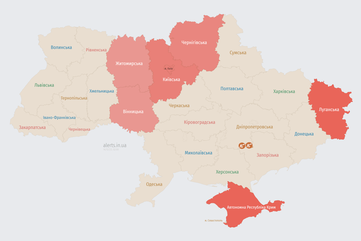 Мапа повітряних тривог в Україні сьогодні, 16 грудня