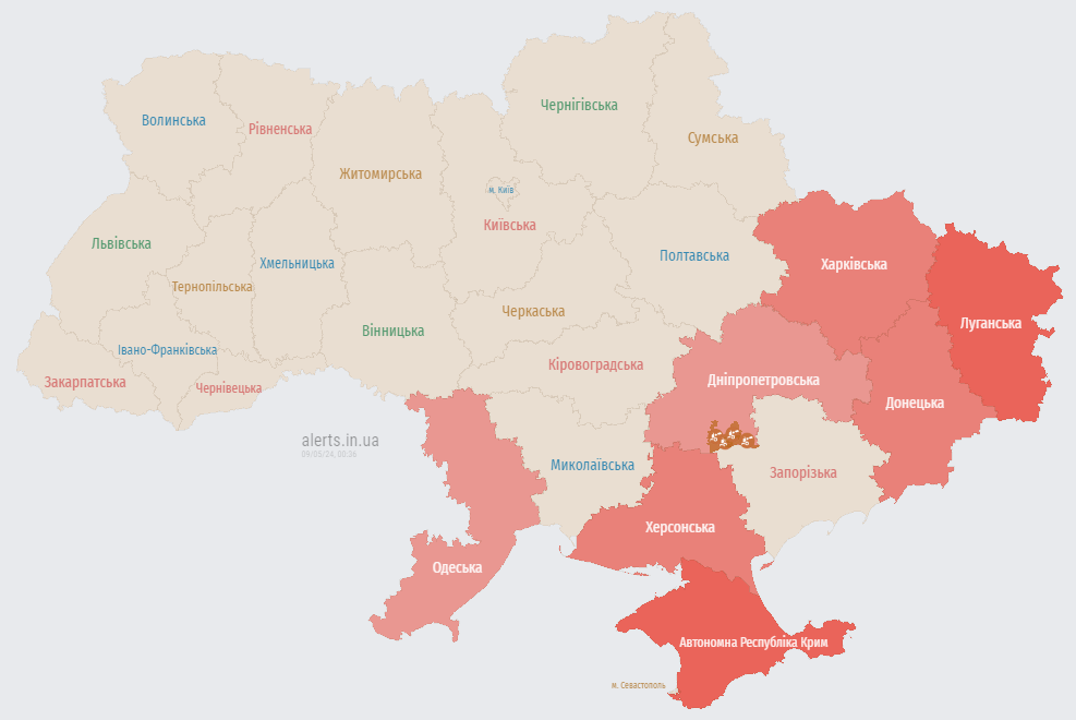 Карта повітряних тривог в Україні вночі 9 травня 