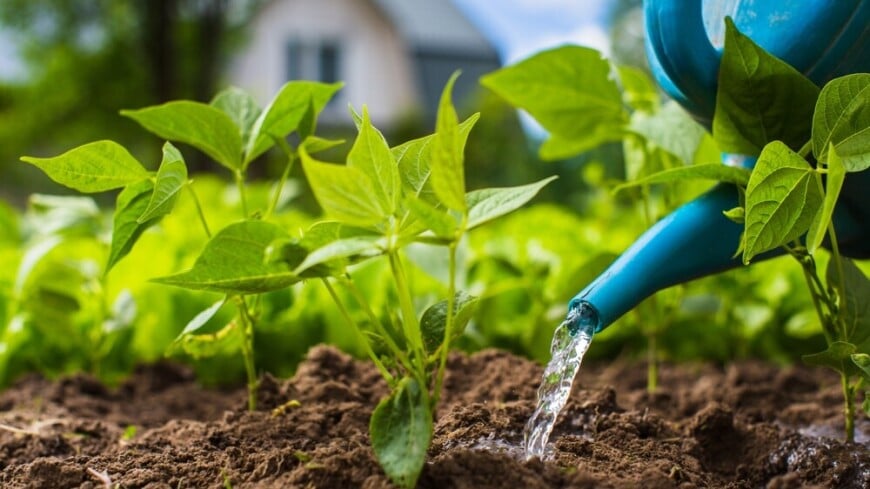 Процесс полива растений на огороде