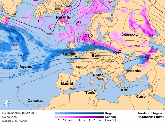 Циклон (синий цвет) и антициклон (розовый) над Европой
