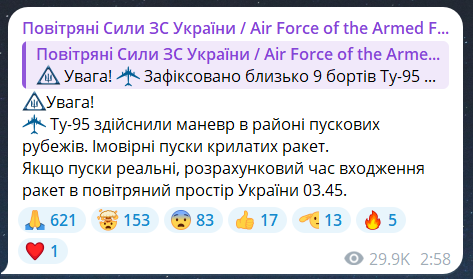 Скриншот повідомлення з телеграм-каналу "Повітряні сили ЗС України"