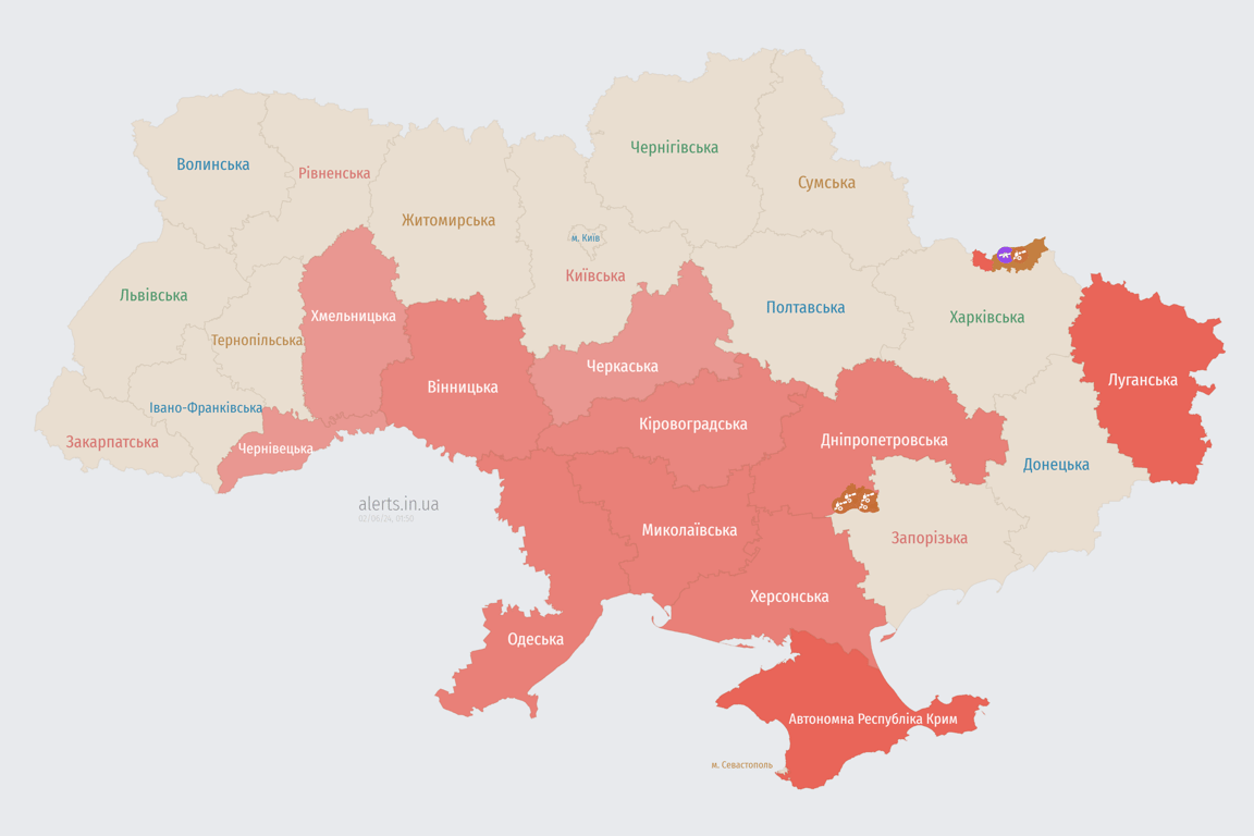 Карта воздушной тревоги в Украине в ночь на 2 июня