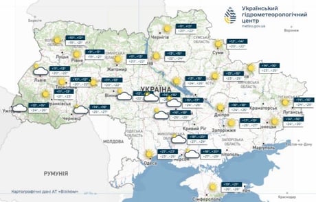 Карта прогнозу погоди в Україні на 25 серпня
