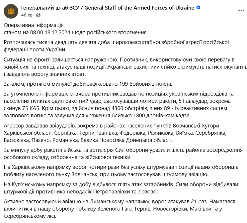 бої на фронті 18 грудня