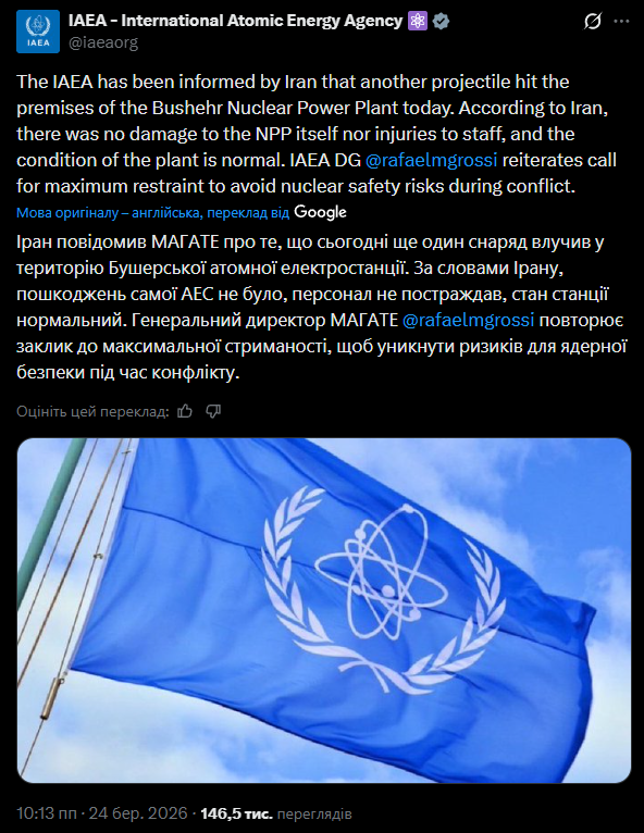 МАГАТЕ відреагувало на удар по території Бушерської АЕС