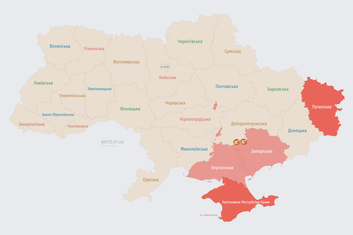 Мапа повітряних тривог в Україні зараз, 13 січня