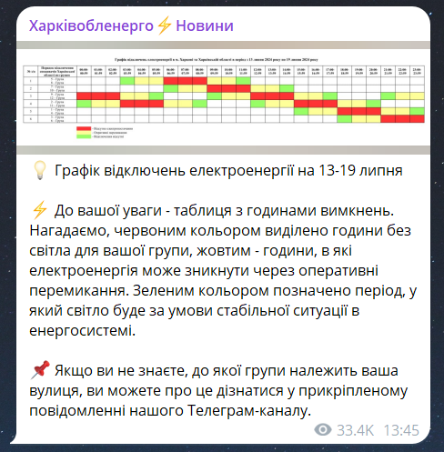 Когда не будет света в Харьковской области 15 июля