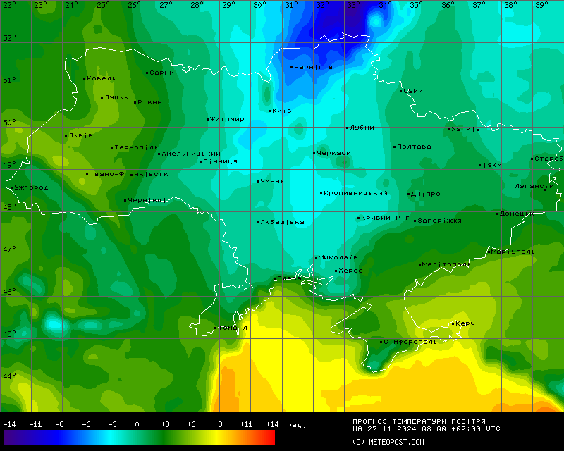 Карта температур в Украине на 27 ноября