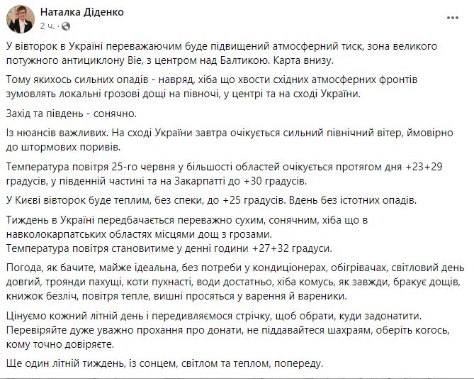 прогноз погоди від Наталії Діденко