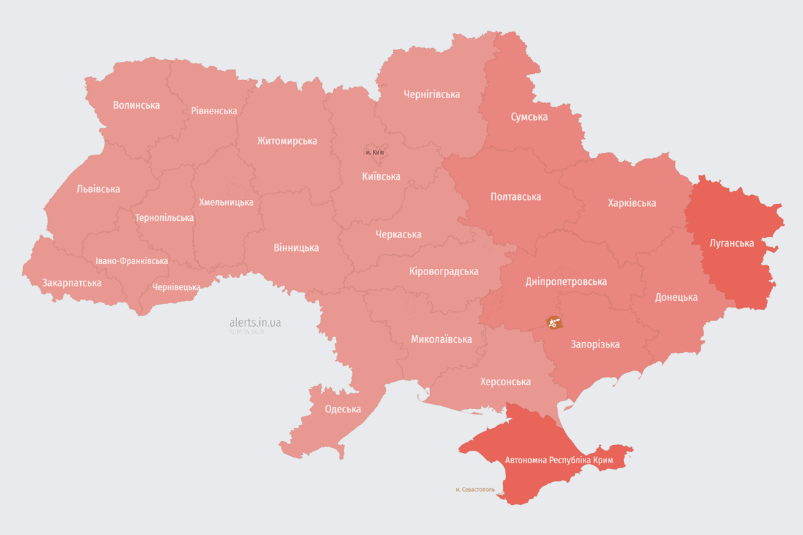 Карта воздушных тревог в Украине сейчас, 13 января
