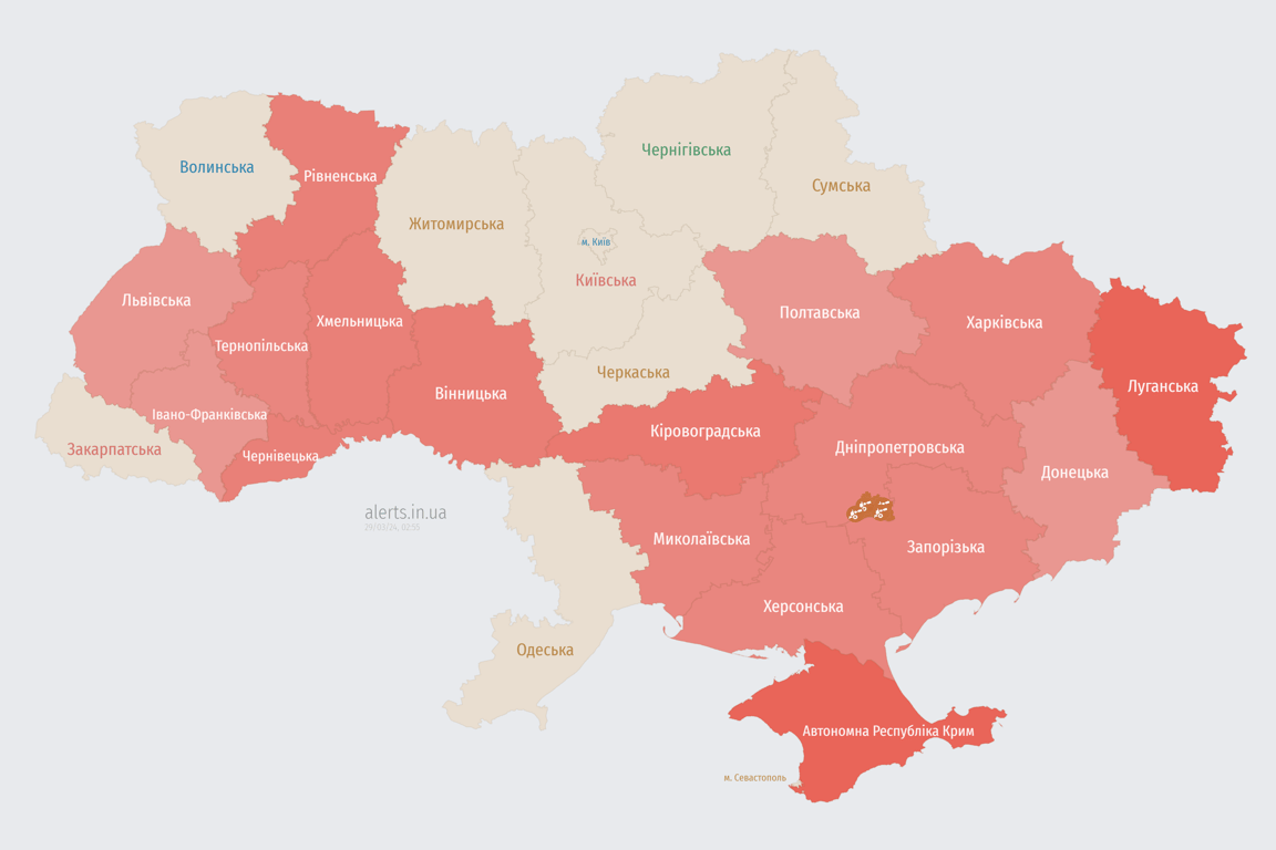 Мапа повітряних тривог в Україні сьогодні, 29 березня