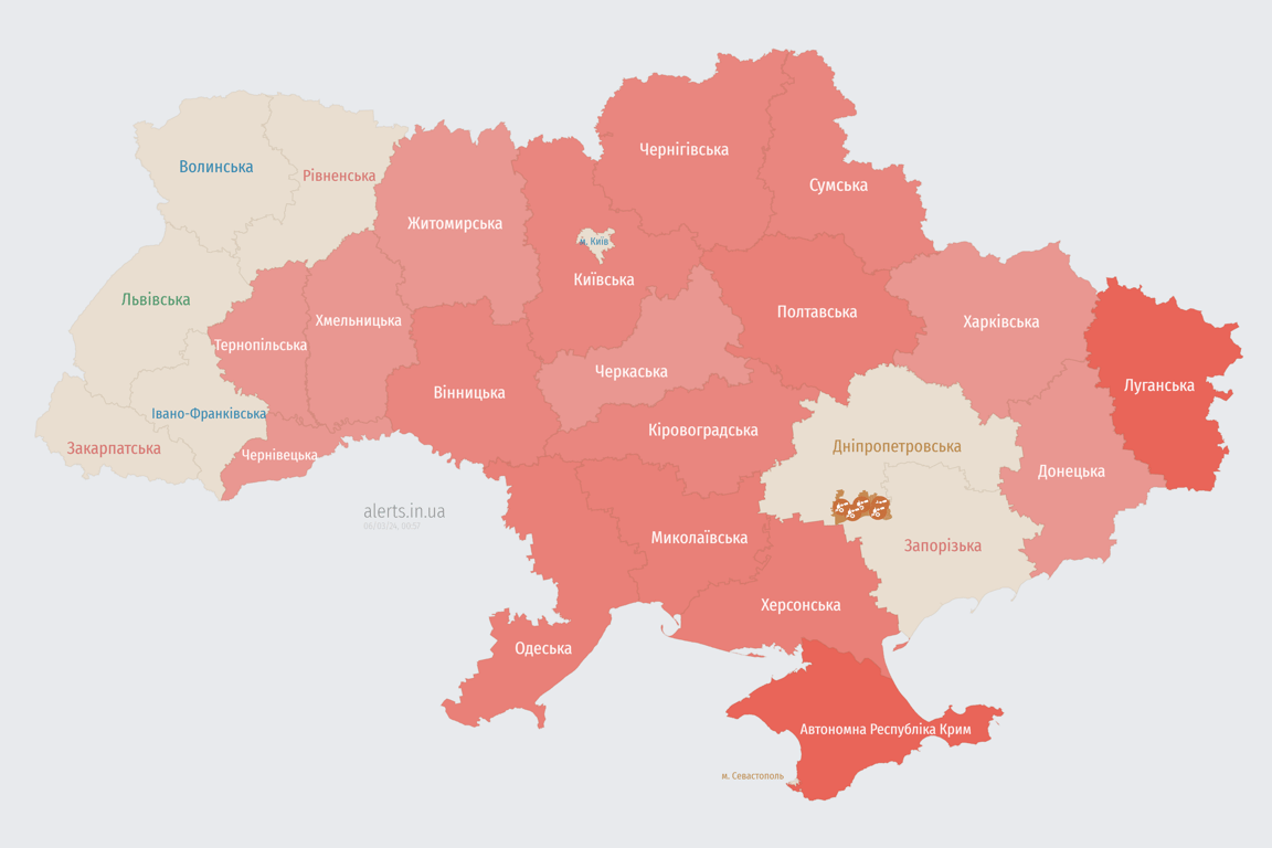 Карта воздушных тревог в Украине сегодня 6 марта