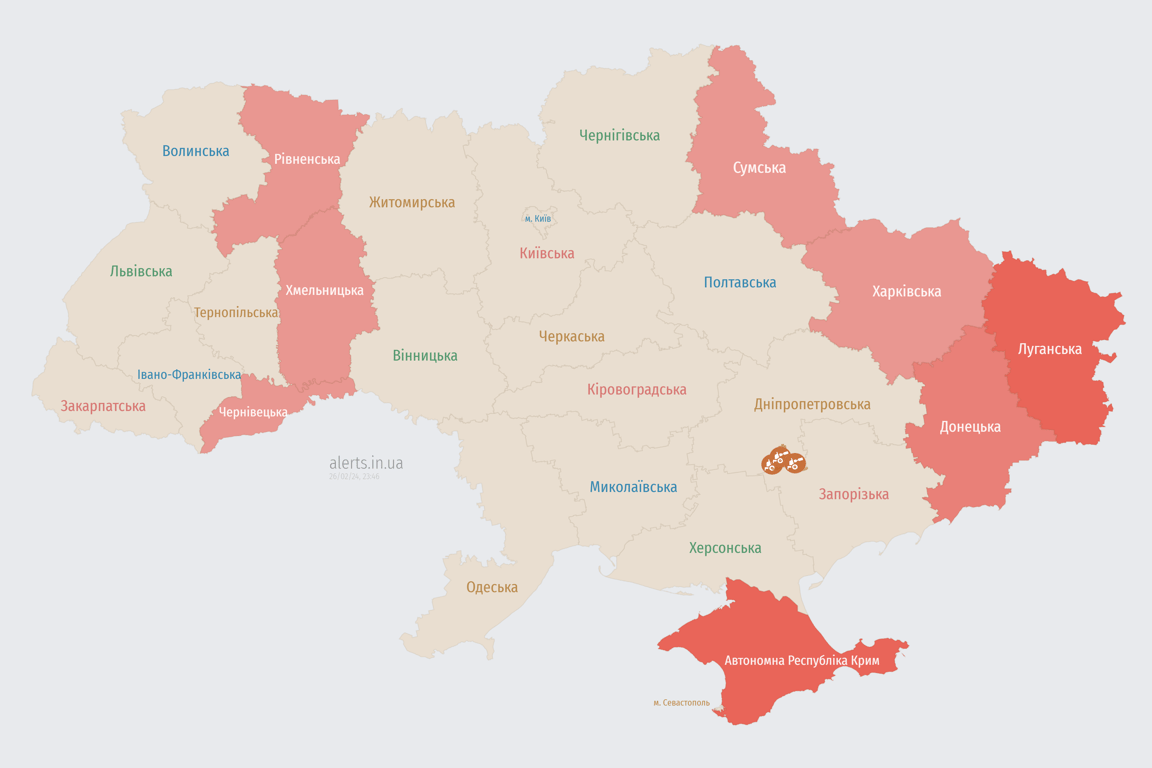 Карта воздушных тревог в Украине 26 февраля