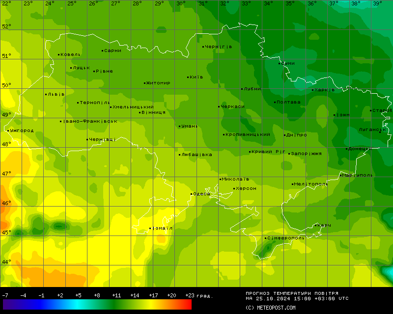 Карта температур в Украине на 25 октября