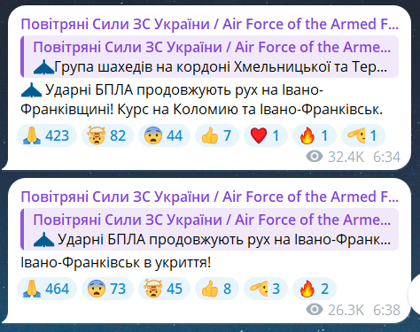 Скриншот сообщения из телеграмм-канала "Воздушные силы ВС Украины"