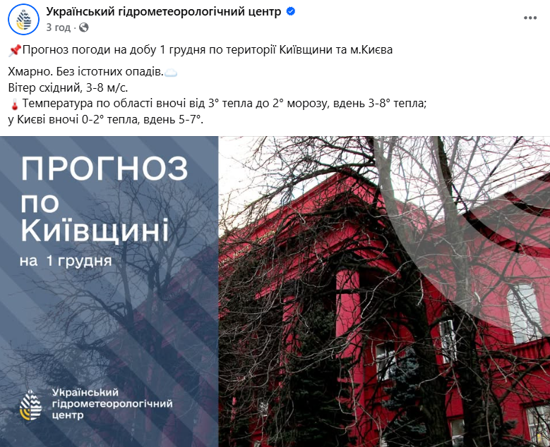 Прогноз погоди в Києві та області 1 грудня