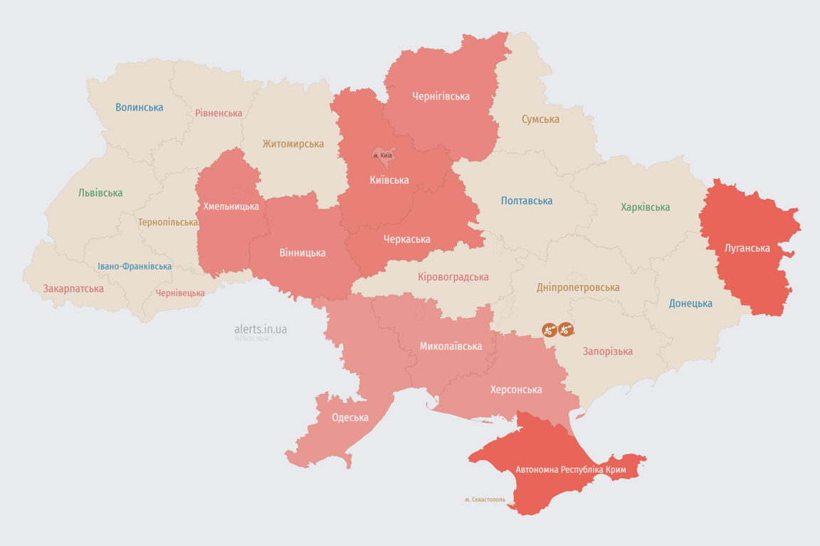 Мапа повітряних тривог в Україні сьогодні, 18 листопада