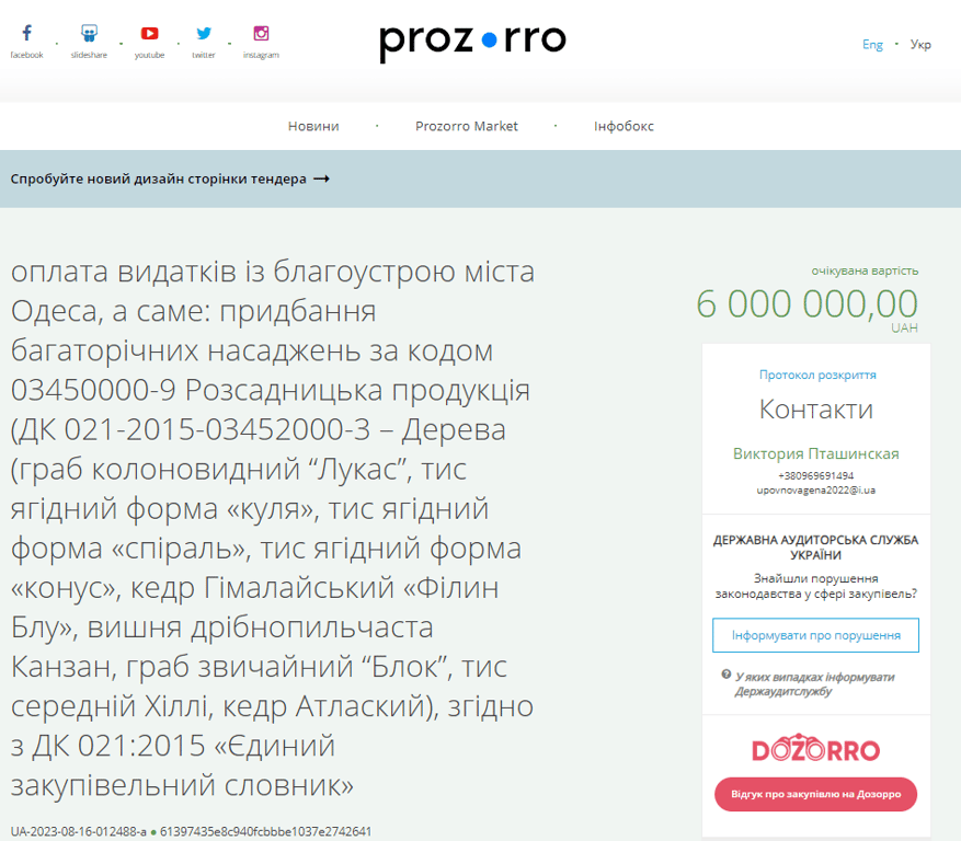 Оголошений тендер у системі публічних закупівель Prozorro. Фото: скриншот