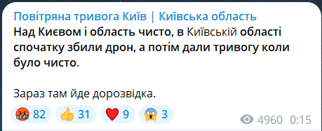 Скриншот повідомлення з телеграм-каналу "Повітряна тривога Київ"