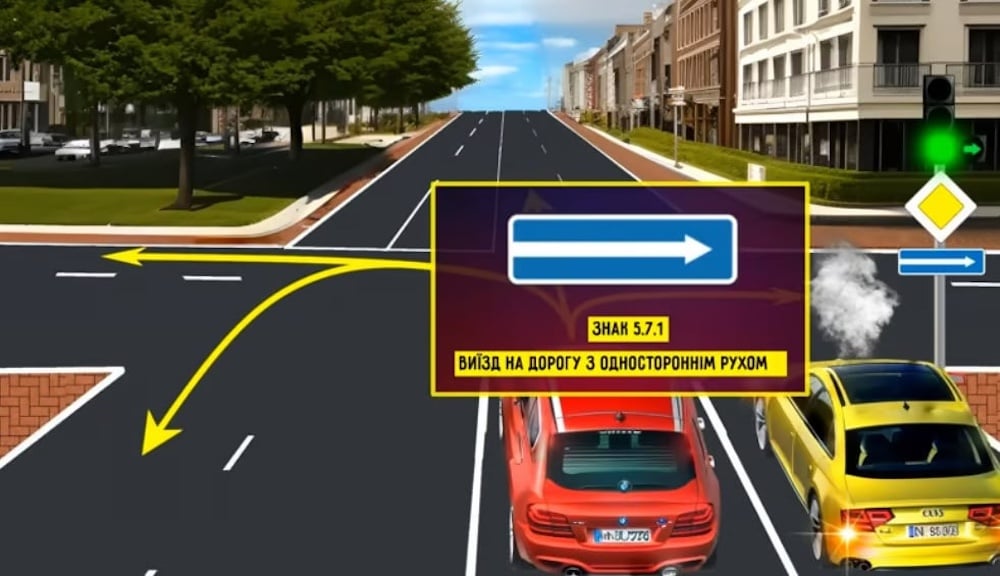 Дорожній знак 5.7.1 "Виїзд на дорогу з одностороннім рухом".