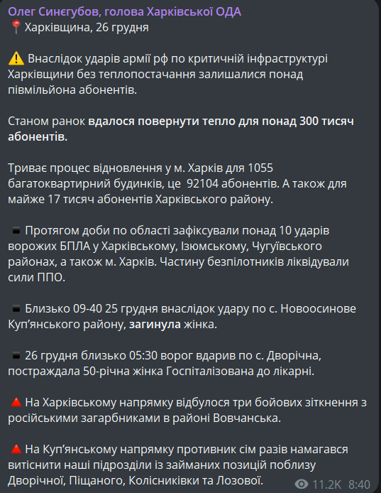 обстріли Харківської області 25 грудня