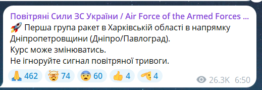 Скриншот повідомлення з телеграм-каналу "Повітряні сили ЗС України"