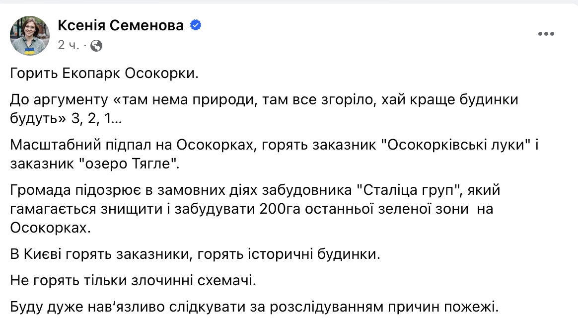 Скриншот сообщения Семеновой