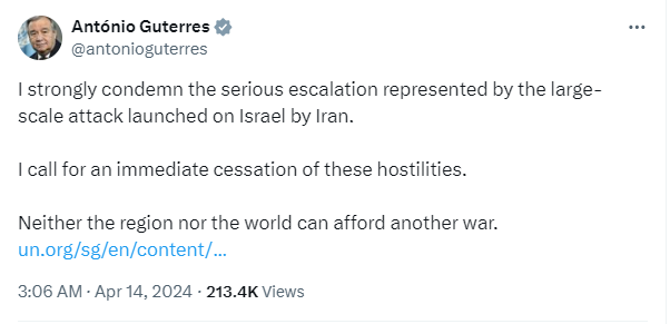 Скриншот повідомлення зі сторінки в соцмережі Х генсека ООН Антоніу Гутерреша