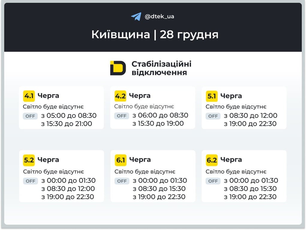 Київська область - графік відключень 28 грудня