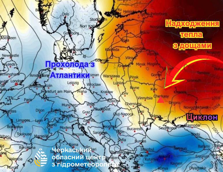 Мапа прогнозу погоди над Європою від синоптика Віталія Постриганя на другу частину травня 2026 року