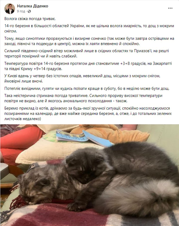 Скриншот повідомлення з фейсбук-сторінки народної синоптикині Наталки Діденко