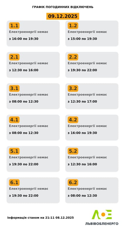 Графік відключення світла Львів 9 грудня