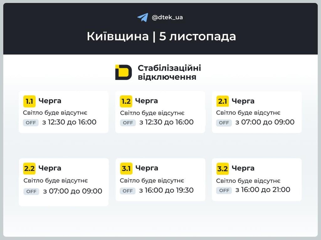Графік відключення світла у Київській області 5 листопада
