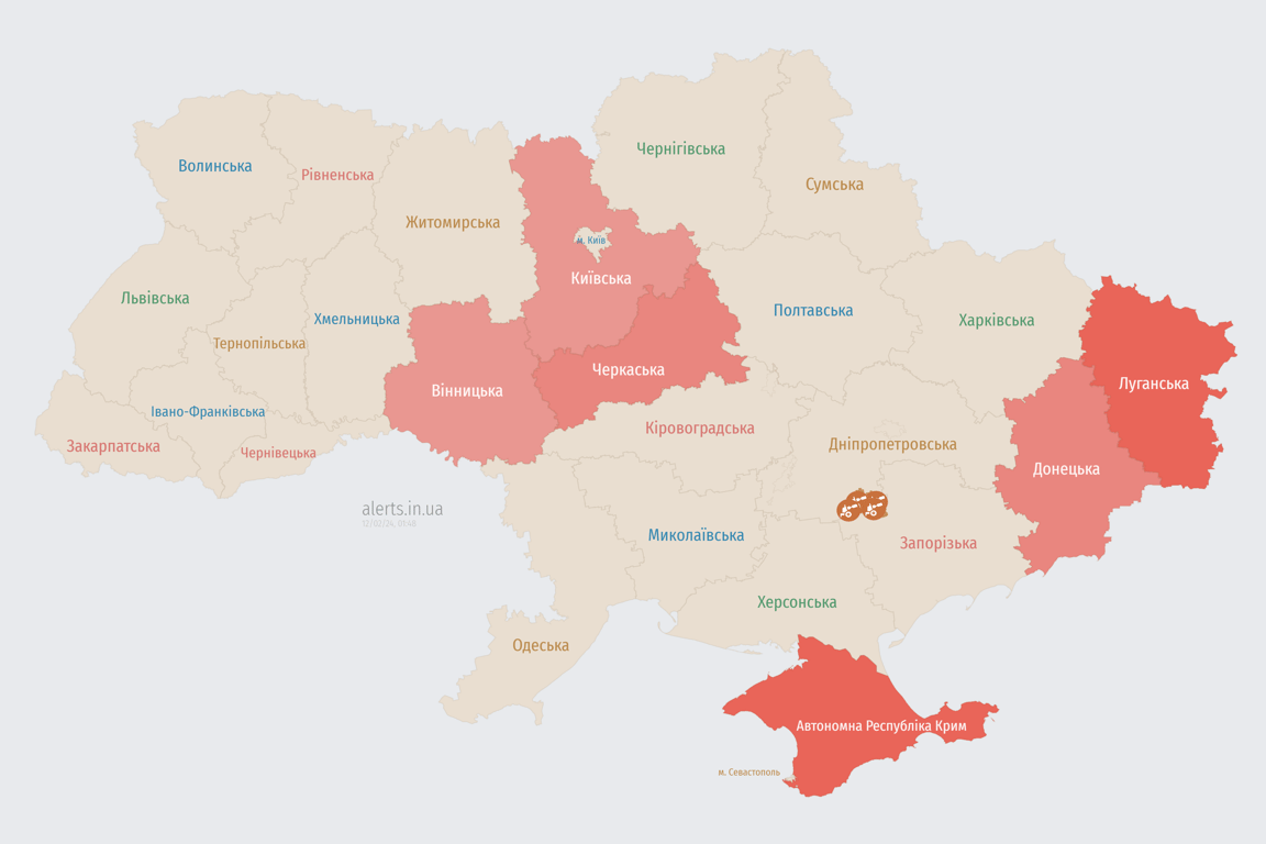 Мапа повітряної тривоги в Україні 12 лютого