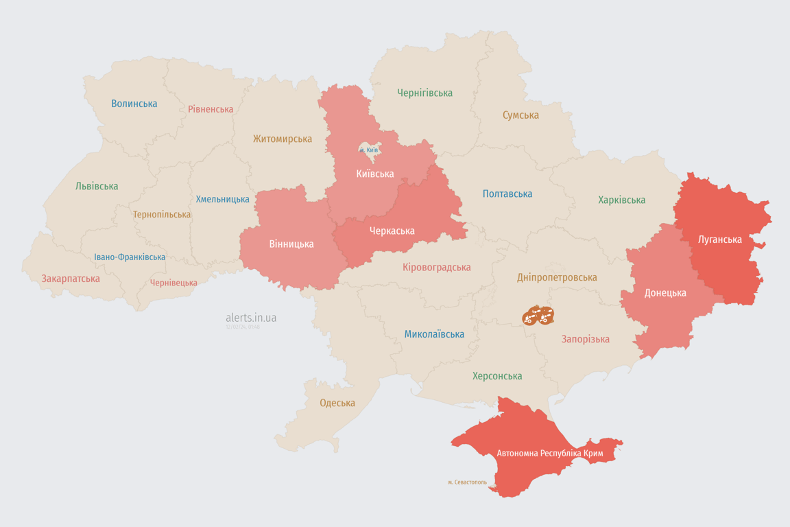 Карта воздушной тревоги в Украине 12 февраля