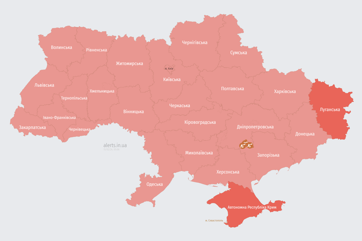 Мапа повітряної тривоги в Україні 15 лютого